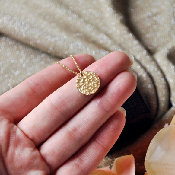 Hammered 14k Gold Plated SS Disc Necklace - Picture 2 of 5